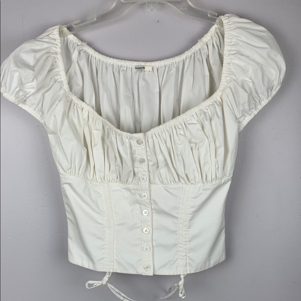 Cream Puff Sleeve Blouse with Ruched Tie Front housecb small with buttons